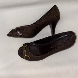 Etienne Aigner Brown Patterned Peep-Toe Heels with Gold Bit